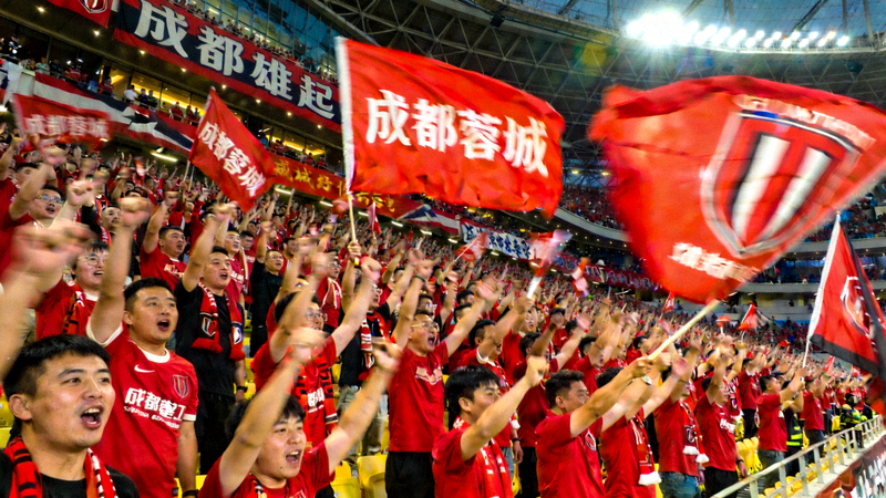 成都蓉城队主场看台上球迷挥舞队旗助威的壮观场面